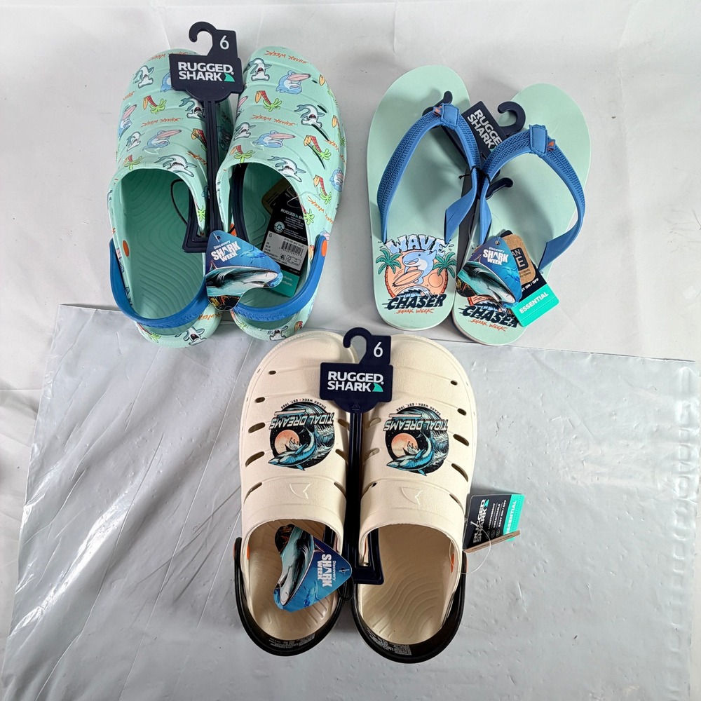Rugged Shark Discovery Shark Week Clogs & Flip Flops Size 6 NWT Bundle Lot of 3